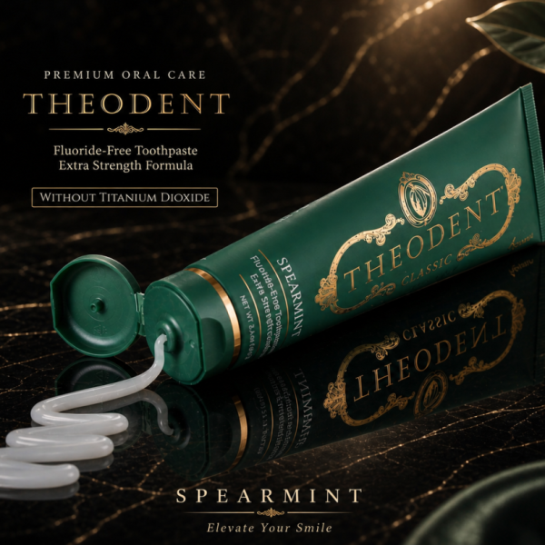 Theodent Classic premium toothpaste without titanium dioxide on luxury marble background